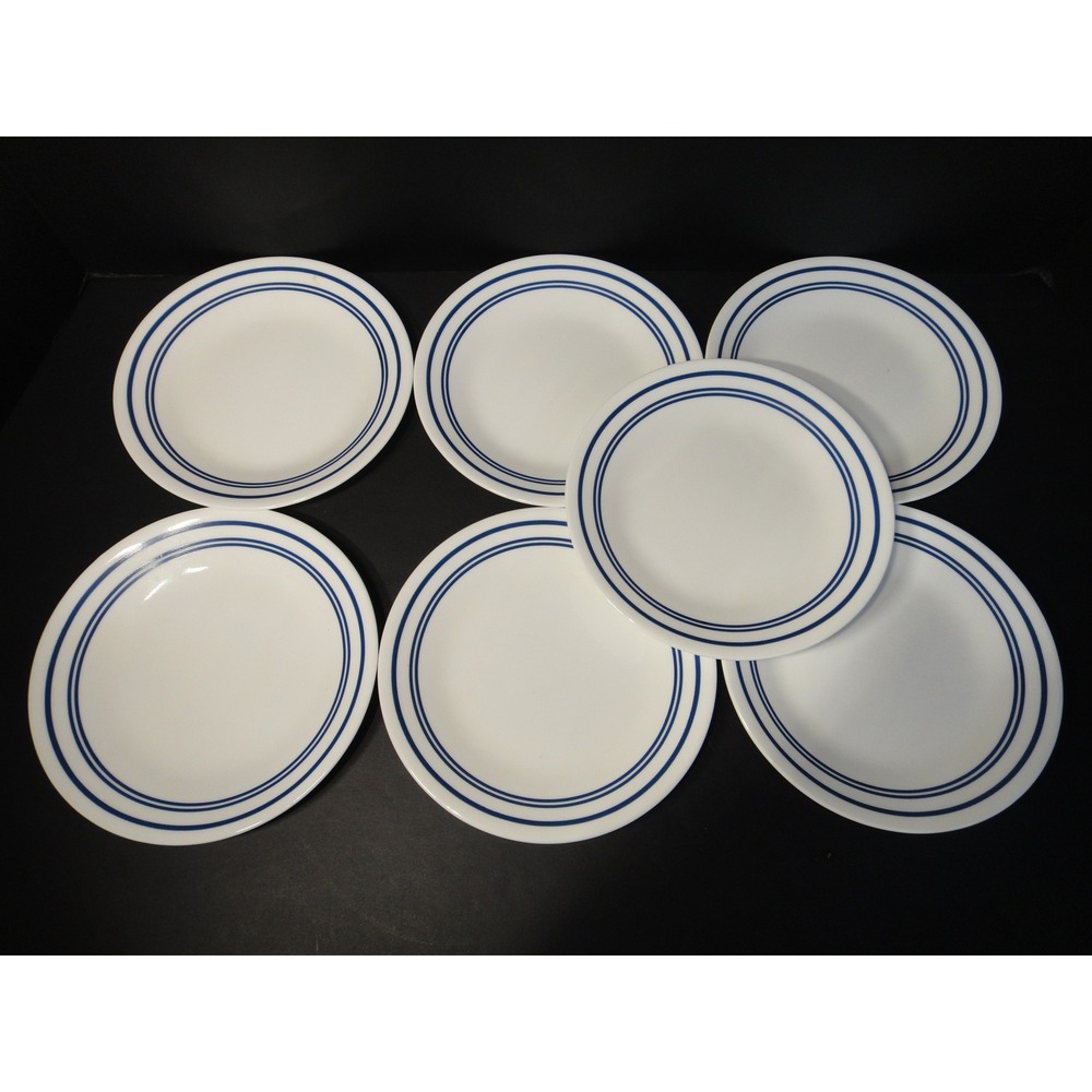 Corelle Vitrelle Classic Cafe Blue Bread and Butter Plates Set of 7 White 6.75"
